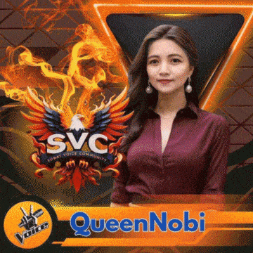 a woman is standing in front of a logo for svc