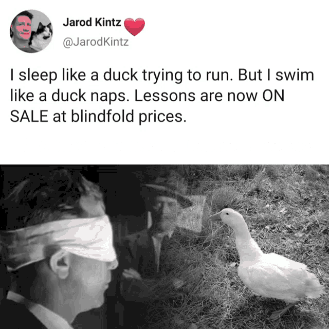 a black and white photo of a blindfolded man and a duck with the caption " i sleep like a duck trying to run