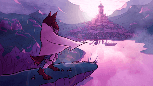 a cartoon drawing of a werewolf standing on a cliff looking at a castle