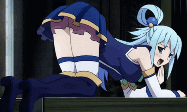 a girl with blue hair and a blue skirt is laying on her stomach
