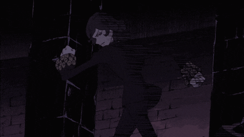 a black and white drawing of a man in a suit standing in front of a brick wall