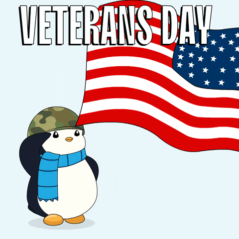 a penguin wearing a military hat and scarf salutes while holding an american flag