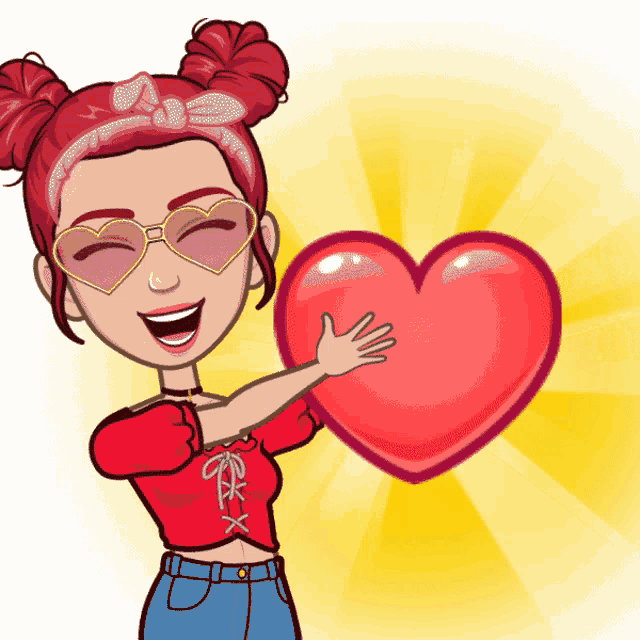 a cartoon girl wearing sunglasses and a red shirt is holding a heart