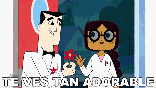 a cartoon of a man giving a flower to a woman with the words te ves tan adorable underneath