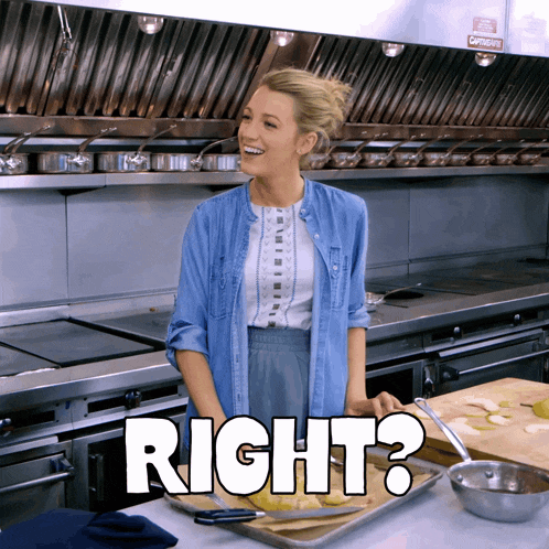 a woman standing in a kitchen with the words right above her