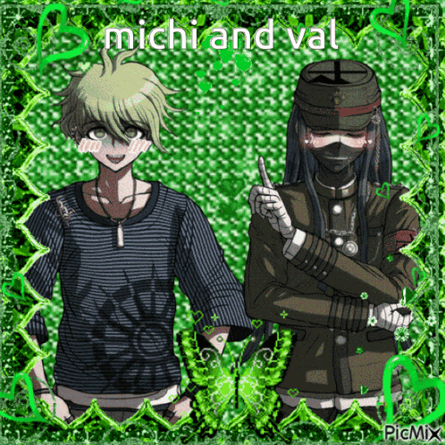 a picture of two anime characters with the words michi and val below them