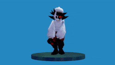 a cartoon character wearing a white sweater and red plaid pants