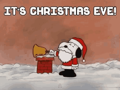 a cartoon of snoopy dressed as santa claus blowing a bell on a chimney on christmas eve .
