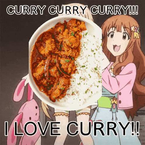 a picture of a girl holding a bowl of curry with the words curry curry curry