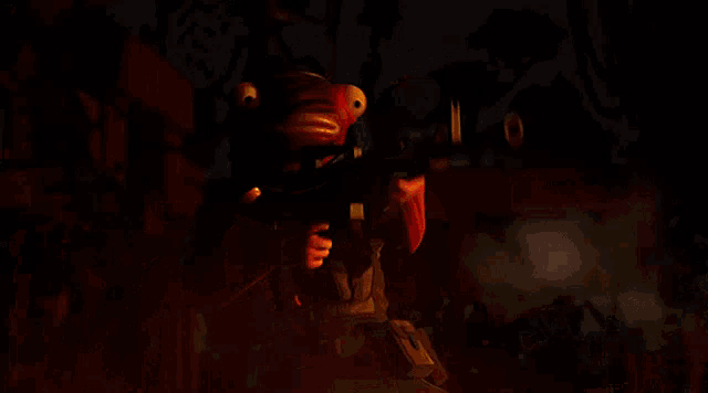a cartoon character with a fish head is holding a gun with a fire coming out of it