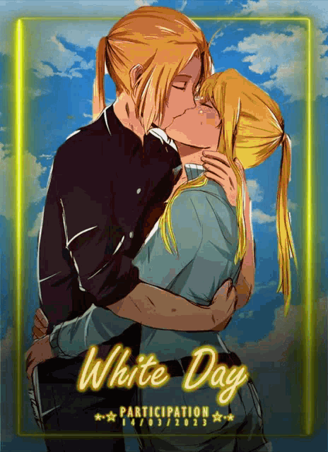 a couple kissing on a poster that says white day participation