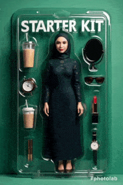 a woman in a hijab is in a starter kit surrounded by accessories