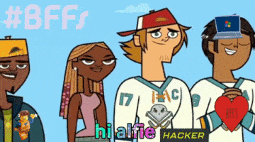 a group of cartoon characters are standing next to each other and one of them is holding a heart that says hi alice hacker