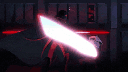 darth vader is holding a light saber in a dark room with a red background