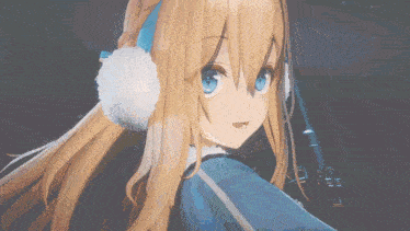 a girl with blonde hair and blue eyes is wearing ear warmers