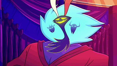 a cartoon drawing of a blue bird with horns on it 's head