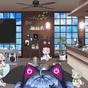 a pixel art illustration of a living room with a cat with a power button on its ear