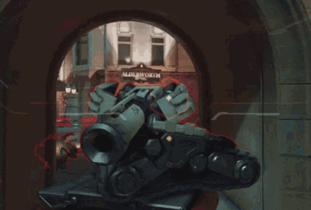 a video game scene with a sign that says alderworth in the background