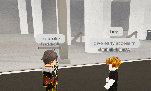 a screenshot of a video game shows two characters talking to each other with one saying " im broke "