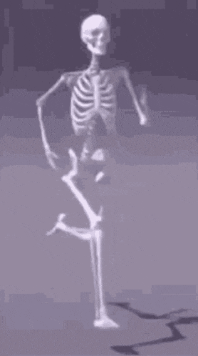 a skeleton is dancing on a purple background with its shadow on the ground .