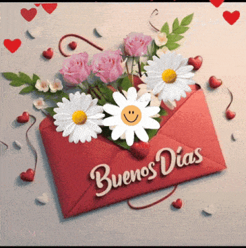 a red envelope with flowers and the words buenos dias