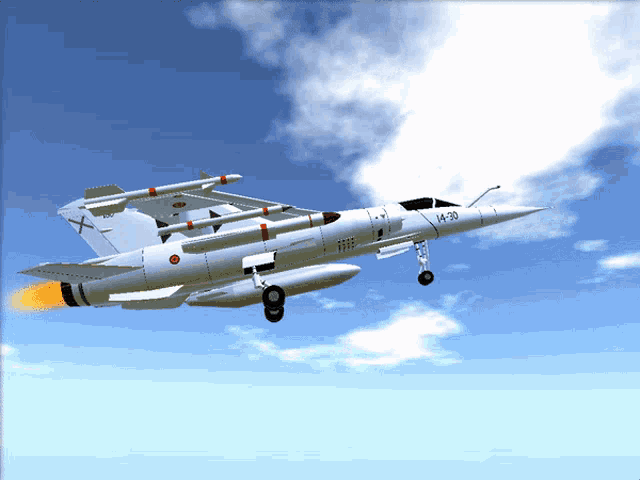 a fighter jet flying in the sky with the number m-30 on it