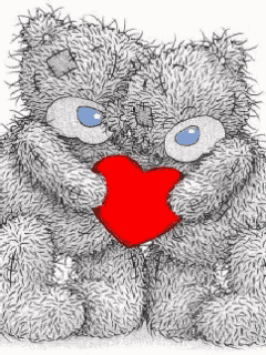 two teddy bears holding a red heart in their mouths .