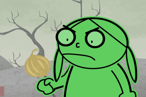 a drawing of a green cartoon character with a surprised look on her face