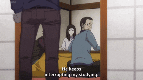 a man in a blue shirt is talking about interrupting his studying