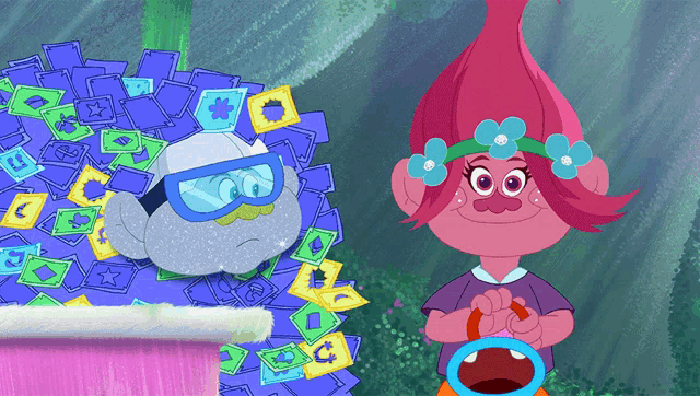 a troll wearing goggles stands next to a girl