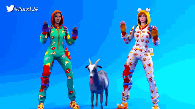 two women in pajamas are standing next to a goat with the twitter username purx124