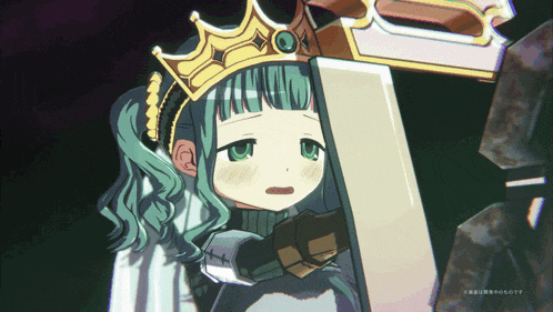 a girl with green hair wearing a crown and holding a sword