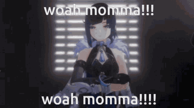 a picture of a girl with the words woah momma written on it