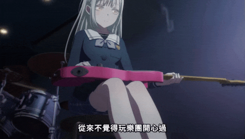 a girl is holding a pink guitar in front of drums