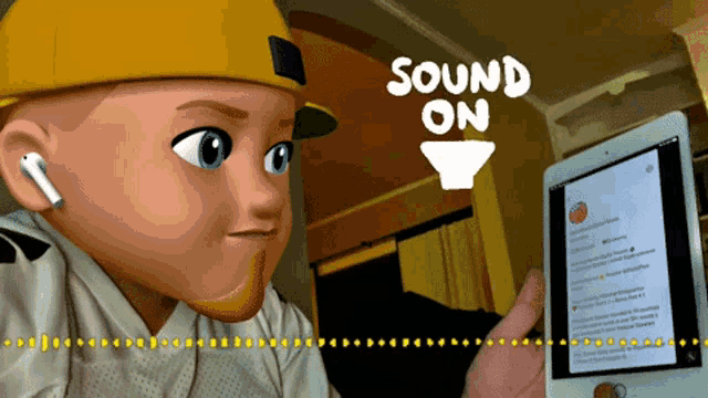 a cartoon character is holding a tablet with the words sound on below him