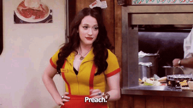 a woman in a yellow top and red skirt says preach