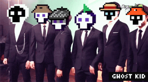 a group of men in suits standing next to each other with ghost kid written on the bottom of the image