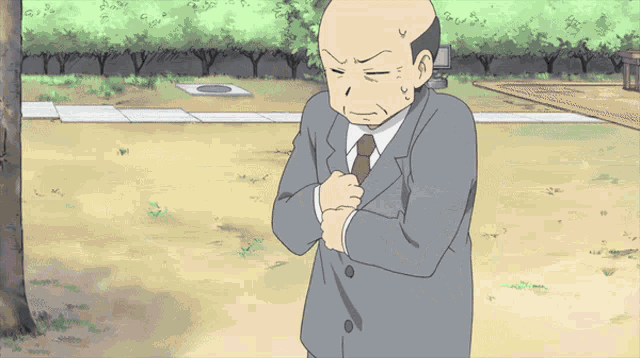 a bald man in a suit and tie stands in a park