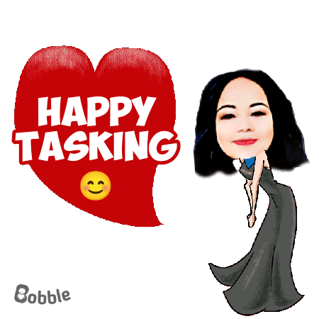 a woman in a black dress is standing next to a red heart that says happy tasking