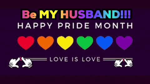 a purple background with rainbow hearts and the words be my husband happy pride month