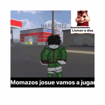a cartoon character is standing in front of a gas station with a chipmunk behind him .
