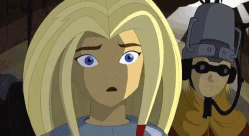 a cartoon character with blonde hair and blue eyes is standing next to another character wearing a helmet