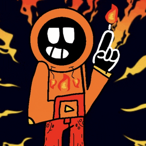 a cartoon character is holding a lighter and a rock sign