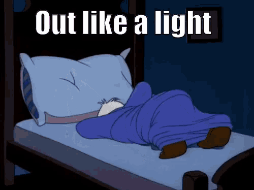 a cartoon of a person laying in bed with the words out like a light above them