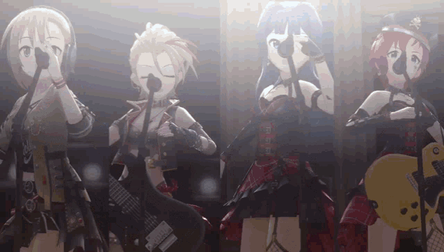 a group of anime girls are singing into microphones