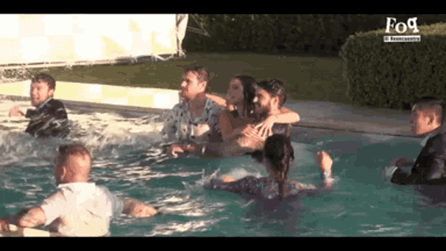 a group of people are swimming in a pool with fog written on the bottom right
