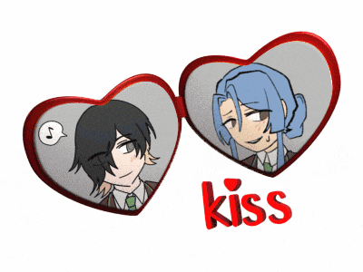 a drawing of two hearts with the word kiss on the bottom