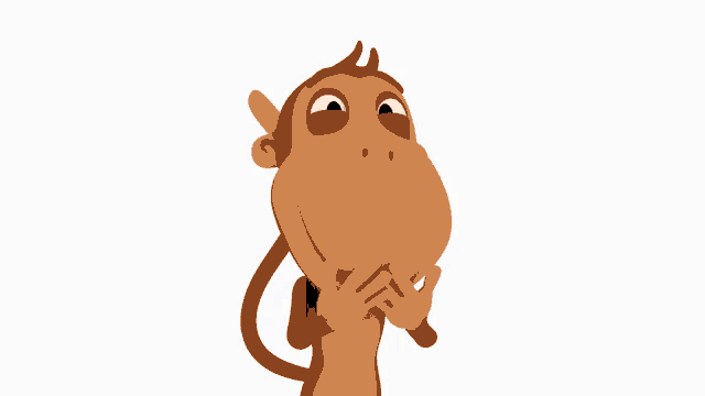 a cartoon monkey covering his mouth with his hands and looking up