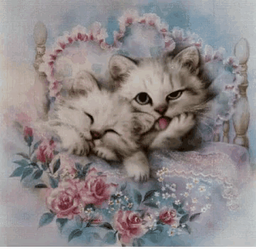 a painting of two kittens laying on a chair with flowers