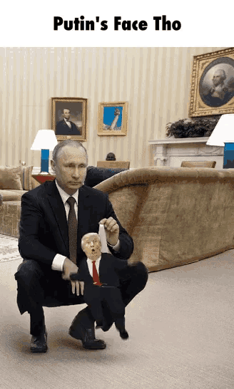 a man in a suit and tie is squatting down with a puppet of trump